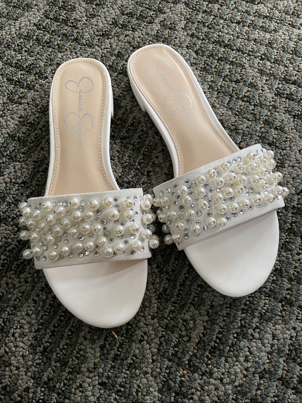 Jessica Simpson White Pearl & Bead Embellished Slide Mules